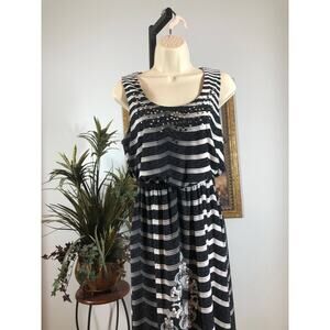 Style and Co Maxi Dress Womens PM Black White Sleeveless Striped Boho Print
